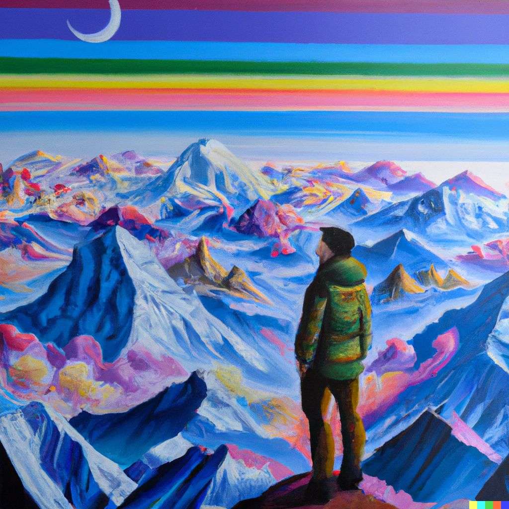 someone gazing at Mount Everest, painting by Okuda San Miguel